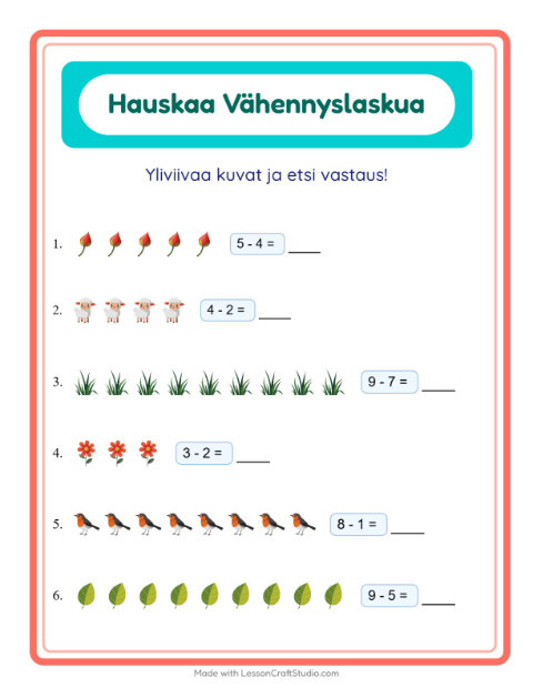 Esikatselu: Vähennyslasku-tehtäväarkki, aiheena Kevät, Esiopetus