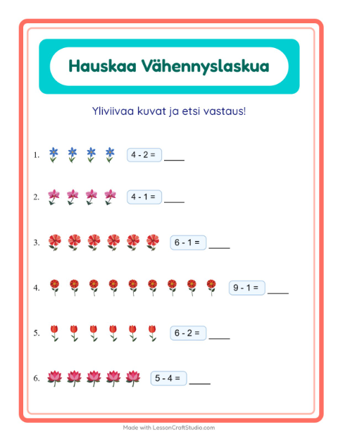Esikatselu: Vähennyslasku-tehtäväarkki, aiheena Kukat, Esiopetus