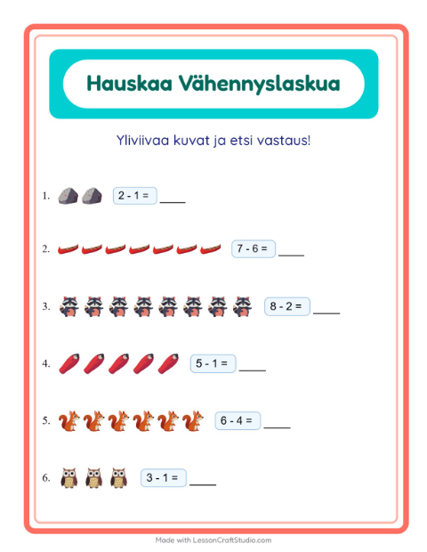Esikatselu: Vähennyslasku-tehtäväarkki, aiheena Leirielämä, Esiopetus