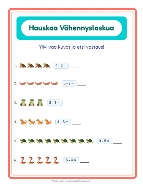 Esikatselu: Vähennyslasku-tehtäväarkki, aiheena Matelijat ja sammakkoeläimet, Esiopetus