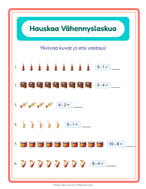 Esikatselu: Vähennyslasku-tehtäväarkki, aiheena Musiikki, Esiopetus