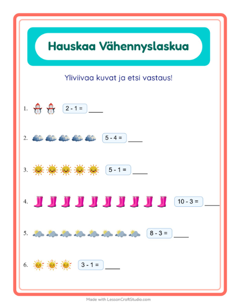 Esikatselu: Vähennyslasku-tehtäväarkki, aiheena Sää, Esiopetus