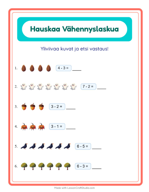 Esikatselu: Vähennyslasku-tehtäväarkki, aiheena Sekalaista, Esiopetus
