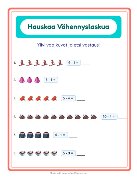 Esikatselu: Vähennyslasku-tehtäväarkki, aiheena Talvi, Esiopetus