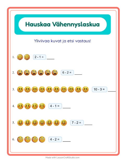 Esikatselu: Vähennyslasku-tehtäväarkki, aiheena Tunteet, Esiopetus