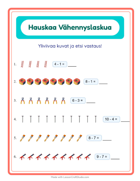Esikatselu: Vähennyslasku-tehtäväarkki, aiheena Työkalut, Esiopetus