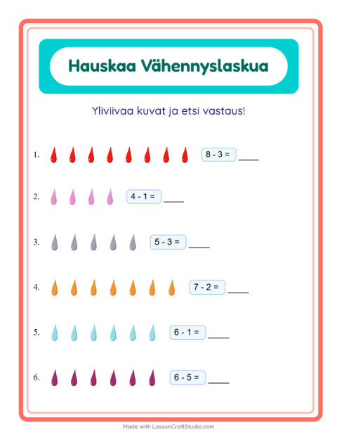 Esikatselu: Vähennyslasku-tehtäväarkki, aiheena Värit, Esiopetus