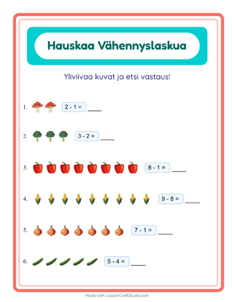Esikatselu: Vähennyslasku-tehtäväarkki, aiheena Vihannekset, Esiopetus