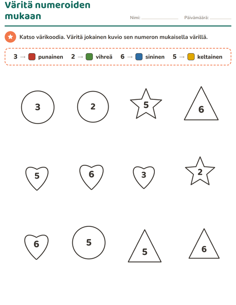 Esikatselu: Väritä numeroiden mukaan 1–6