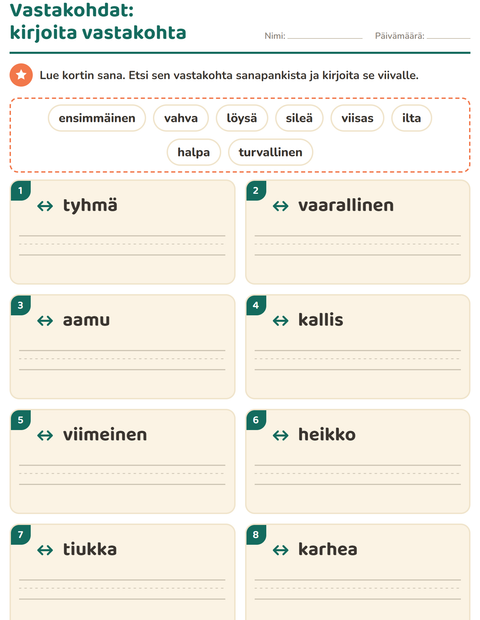 Esikatselu: Vastakohdat-tehtäväarkki, 1. luokka
