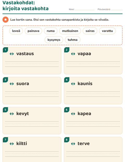 Esikatselu: Vastakohdat-tehtäväarkki, 1. luokka