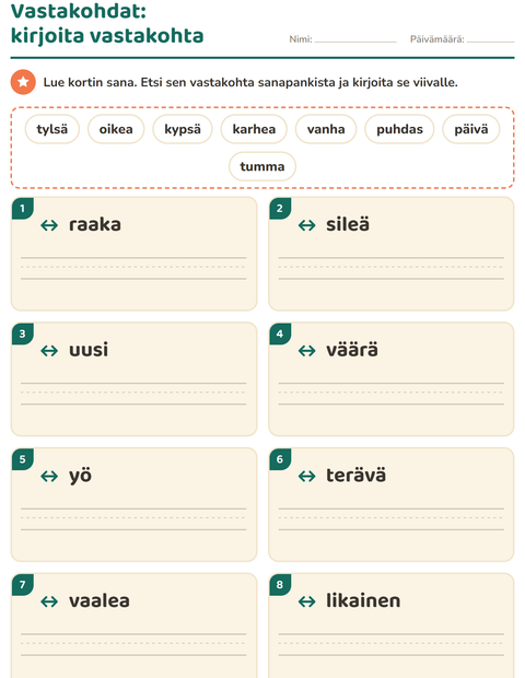 Esikatselu: Vastakohdat-tehtäväarkki, 1. luokka