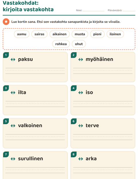 Esikatselu: Vastakohdat-tehtäväarkki, 1. luokka