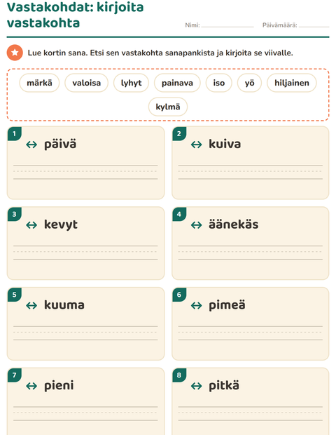 Esikatselu: Vastakohdat: kirjoita vastakohta sanapankista