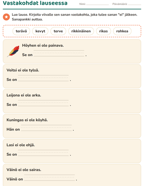 Esikatselu: Vastakohdat-tehtäväarkki, 1. luokka