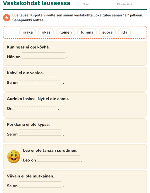 Esikatselu: Vastakohdat-tehtäväarkki, 1. luokka