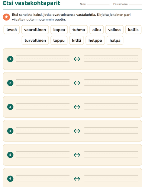 Esikatselu: Vastakohdat-tehtäväarkki, 1. luokka