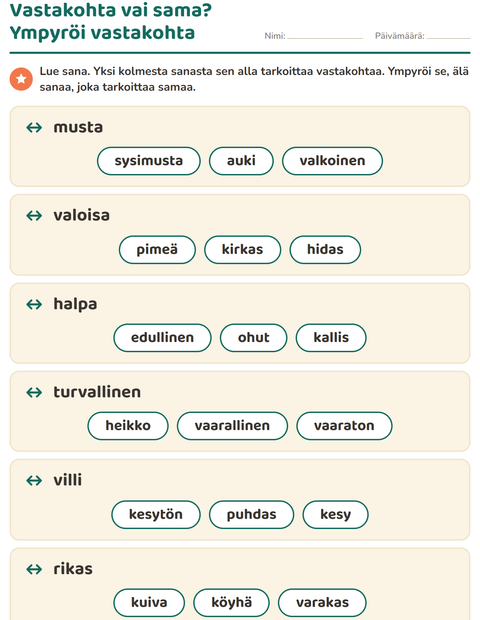 Esikatselu: Vastakohdat-tehtäväarkki, 1. luokka
