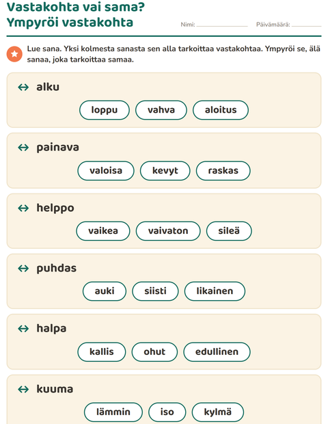 Esikatselu: Vastakohdat-tehtäväarkki, 1. luokka