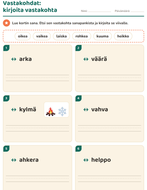 Esikatselu: Vastakohdat-tehtäväarkki, 1. luokka