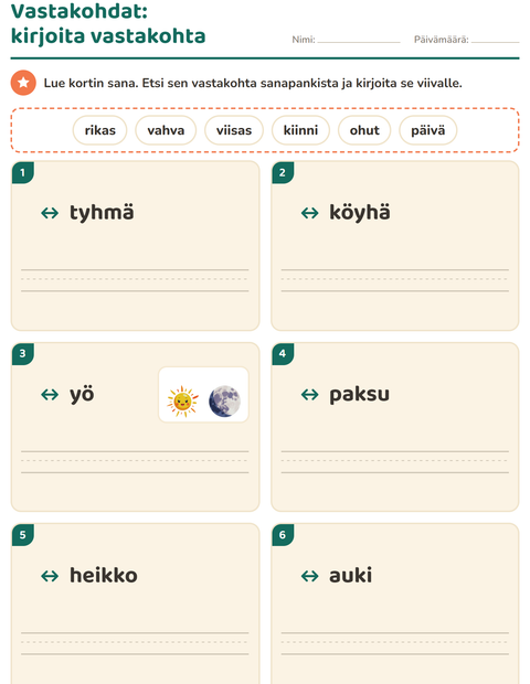 Esikatselu: Vastakohdat-tehtäväarkki, 1. luokka