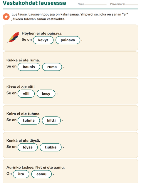 Esikatselu: Vastakohdat-tehtäväarkki, 1. luokka