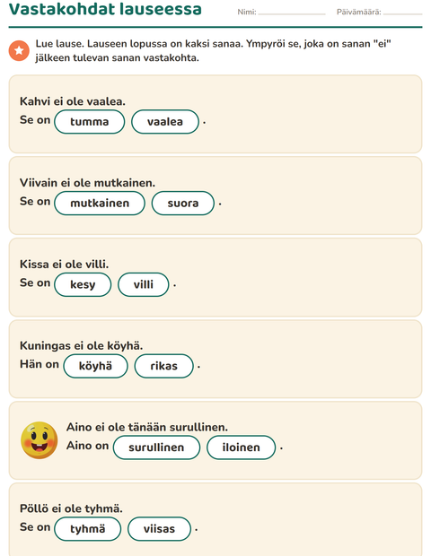 Esikatselu: Vastakohdat-tehtäväarkki, 1. luokka