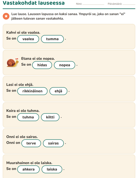 Esikatselu: Vastakohdat-tehtäväarkki, 1. luokka