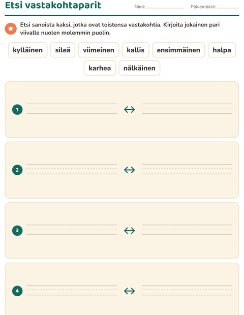Esikatselu: Vastakohdat-tehtäväarkki, 1. luokka