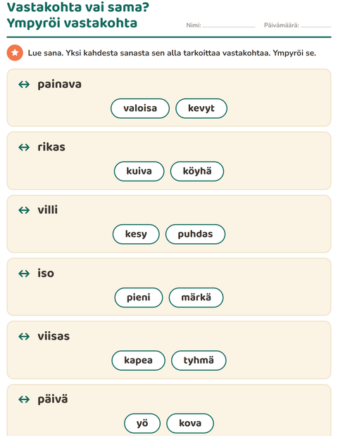 Esikatselu: Vastakohdat-tehtäväarkki, 1. luokka