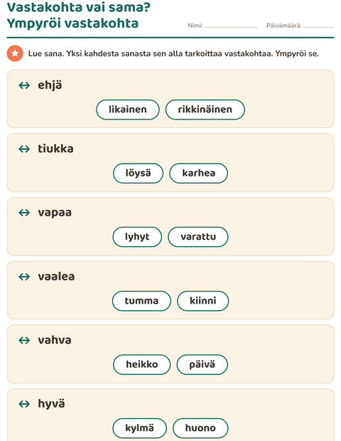 Esikatselu: Vastakohdat-tehtäväarkki, 1. luokka