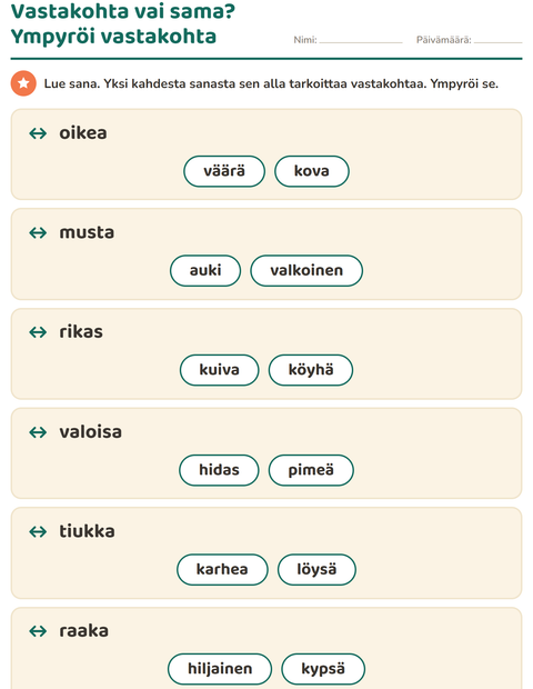 Esikatselu: Vastakohdat-tehtäväarkki, 1. luokka