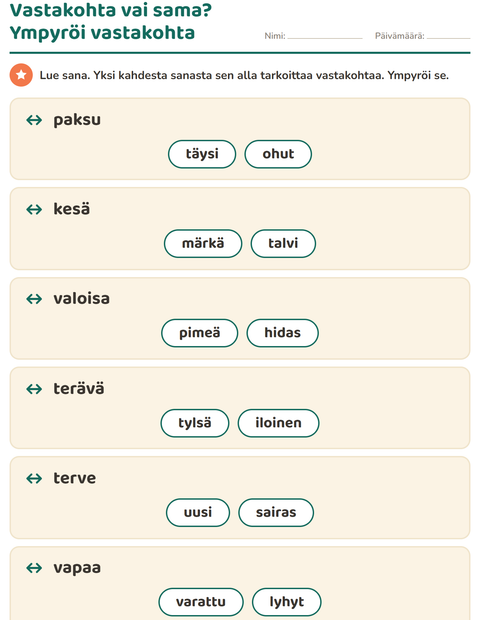 Esikatselu: Vastakohdat-tehtäväarkki, 1. luokka