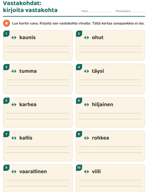 Esikatselu: Vastakohdat-tehtäväarkki, 1. luokka