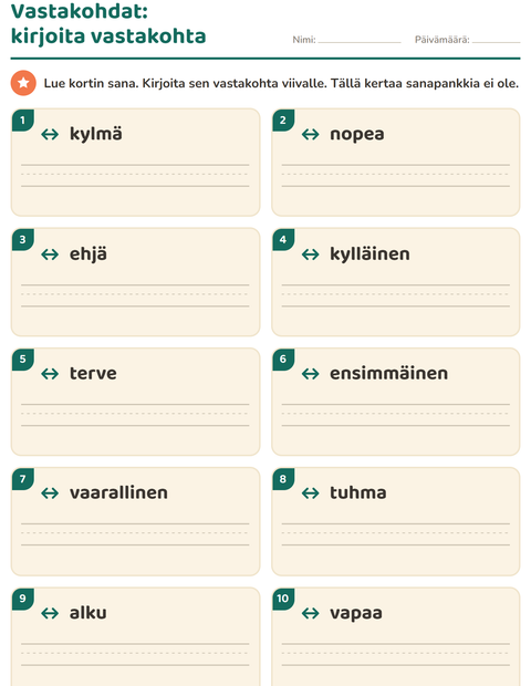 Esikatselu: Vastakohdat-tehtäväarkki, 1. luokka