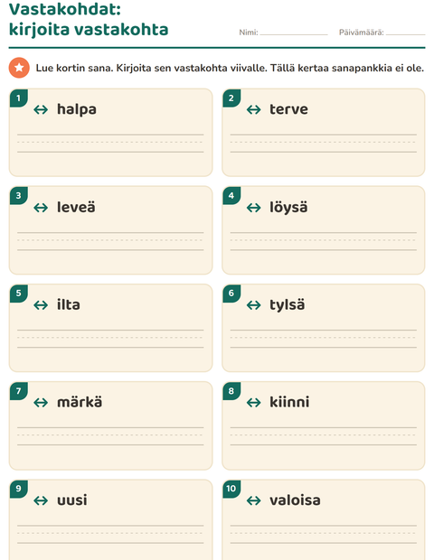 Esikatselu: Vastakohdat-tehtäväarkki, 1. luokka
