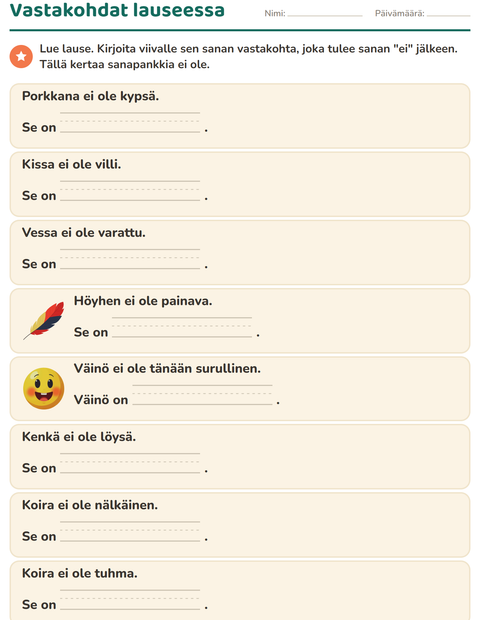Esikatselu: Vastakohdat-tehtäväarkki, 1. luokka