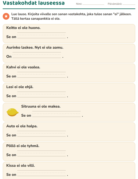 Esikatselu: Vastakohdat-tehtäväarkki, 1. luokka