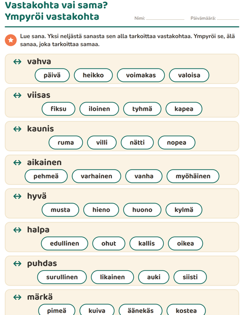 Esikatselu: Vastakohdat-tehtäväarkki, 1. luokka