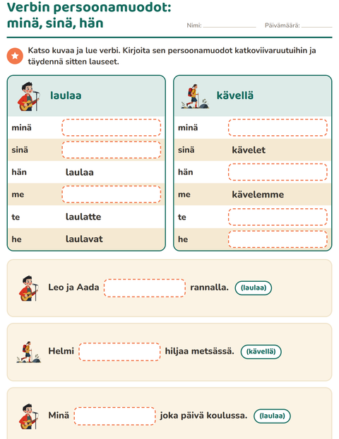 Esikatselu: Verbin persoonamuodot-tehtäväarkki, 2. luokka