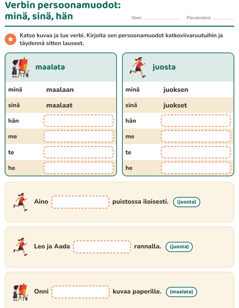 Esikatselu: Verbin persoonamuodot-tehtäväarkki, 2. luokka