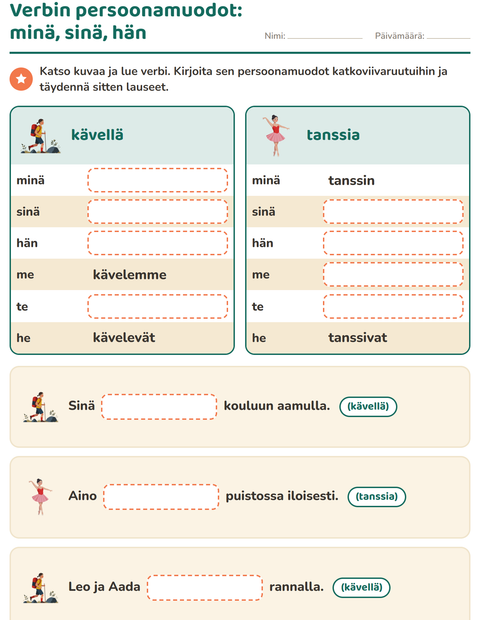 Esikatselu: Verbin persoonamuodot-tehtäväarkki, 2. luokka