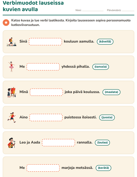 Verbimuodot lauseissa kuvien avulla: kirjoita sopiva persoonamuoto