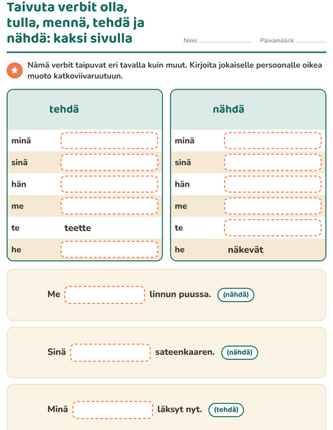 Esikatselu: Verbin persoonamuodot-tehtäväarkki, 2. luokka