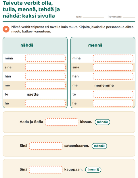 Esikatselu: Verbin persoonamuodot-tehtäväarkki, 2. luokka