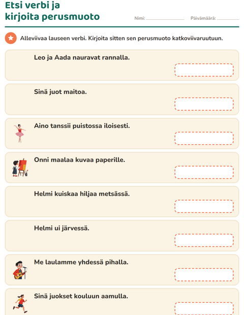 Esikatselu: Verbin persoonamuodot-tehtäväarkki, 2. luokka
