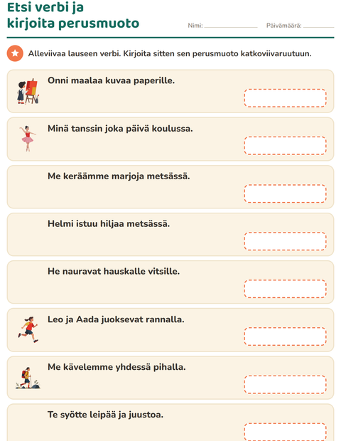 Esikatselu: Verbin persoonamuodot-tehtäväarkki, 2. luokka