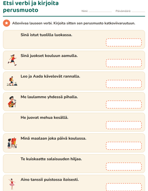Esikatselu: Etsi verbi ja kirjoita perusmuoto