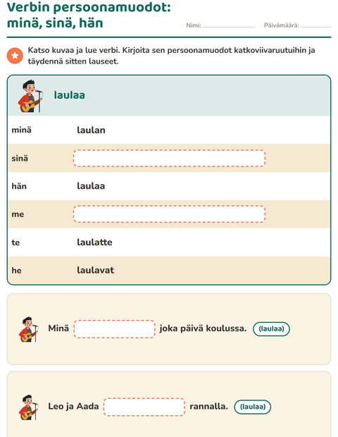 Esikatselu: Verbin persoonamuodot-tehtäväarkki, 2. luokka
