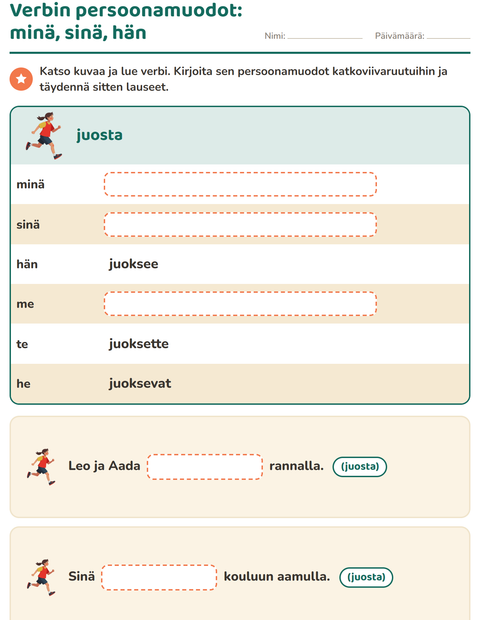 Esikatselu: Verbin persoonamuodot-tehtäväarkki, 2. luokka
